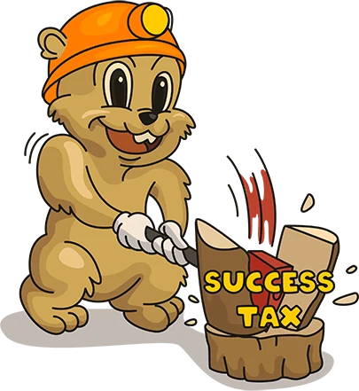 Phil chopping a log labelled success tax