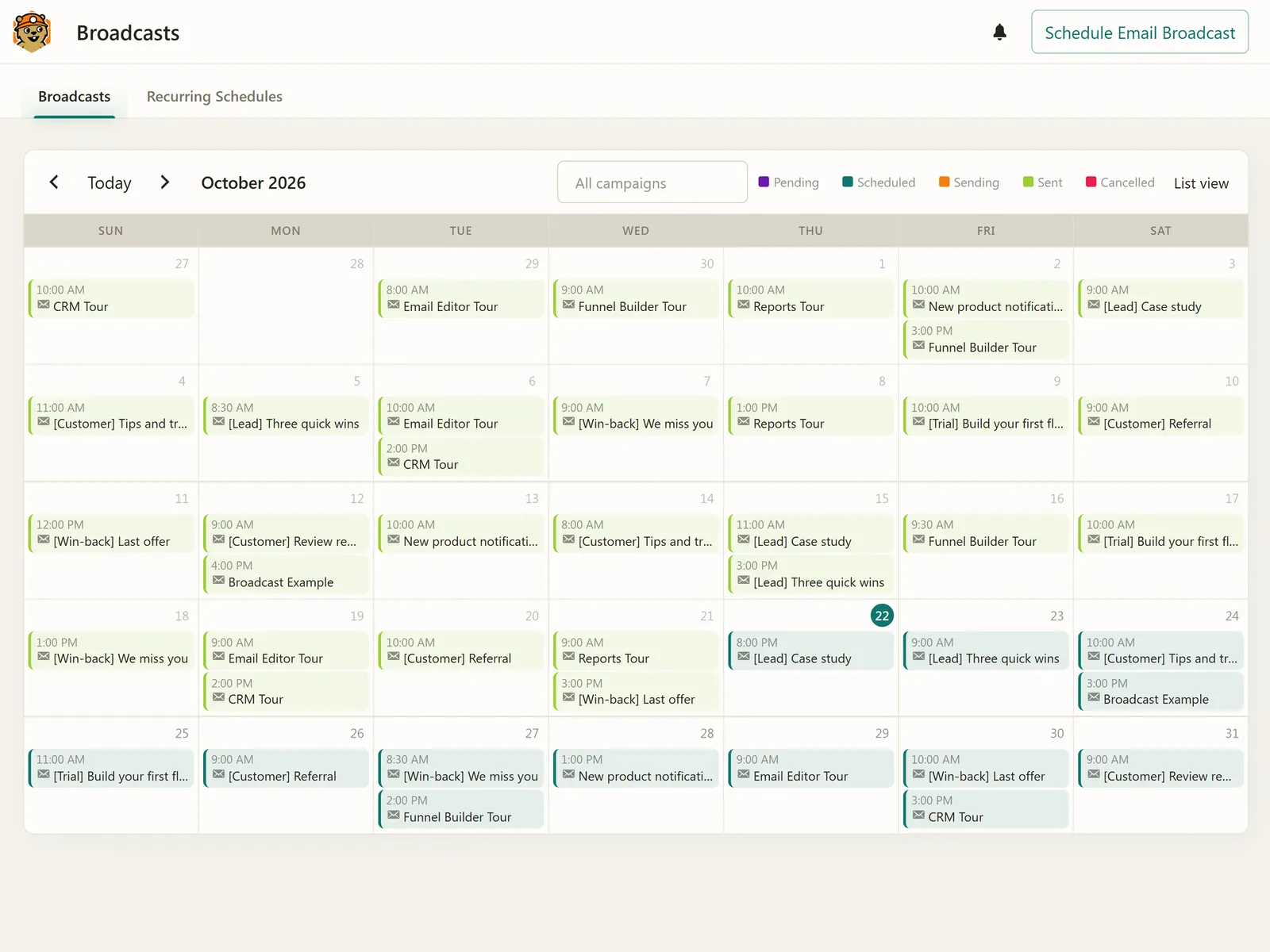 The broadcast calendar for October with sent and scheduled emails on most days