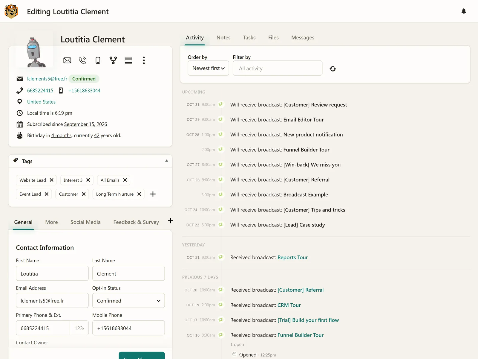 A contact record with tags, their company, an open deal and a full activity timeline