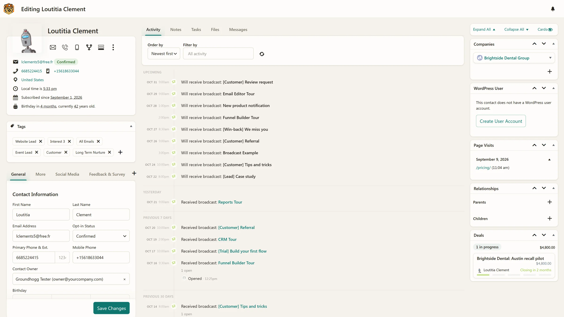 A contact record with tags, their company, an open deal and a full activity timeline