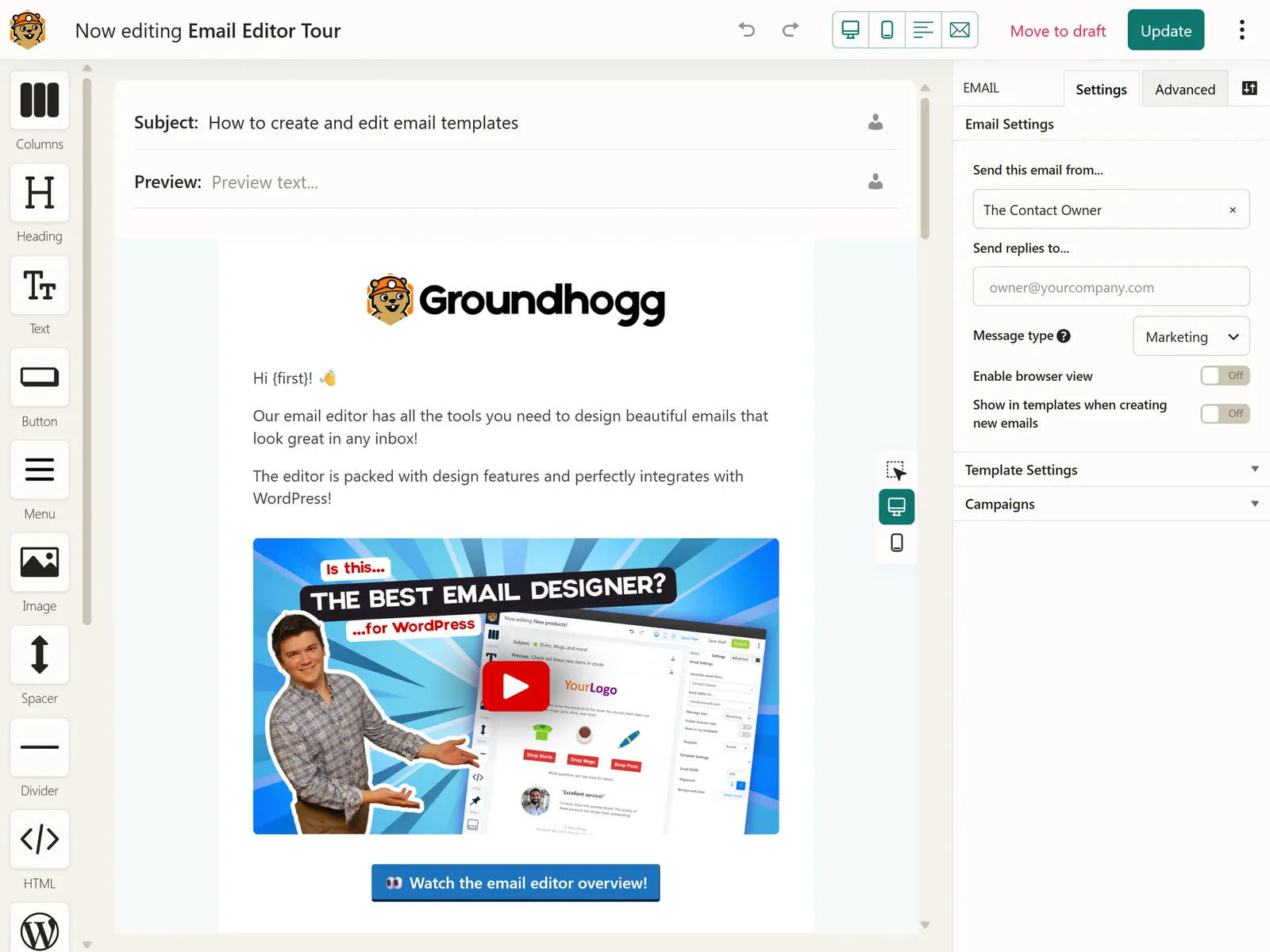 The drag and drop email editor with a branded email open