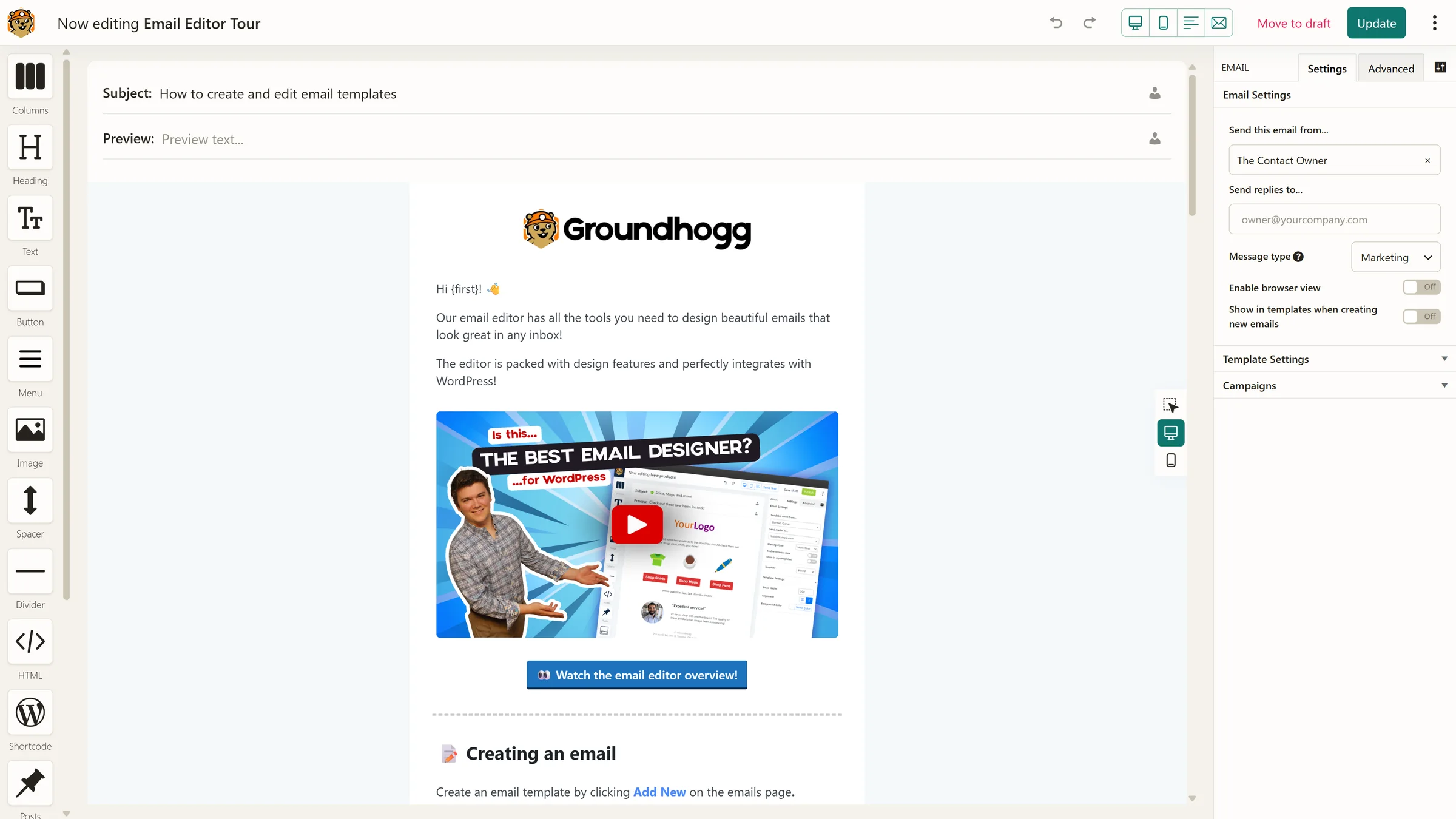 The drag and drop email editor with a branded email open