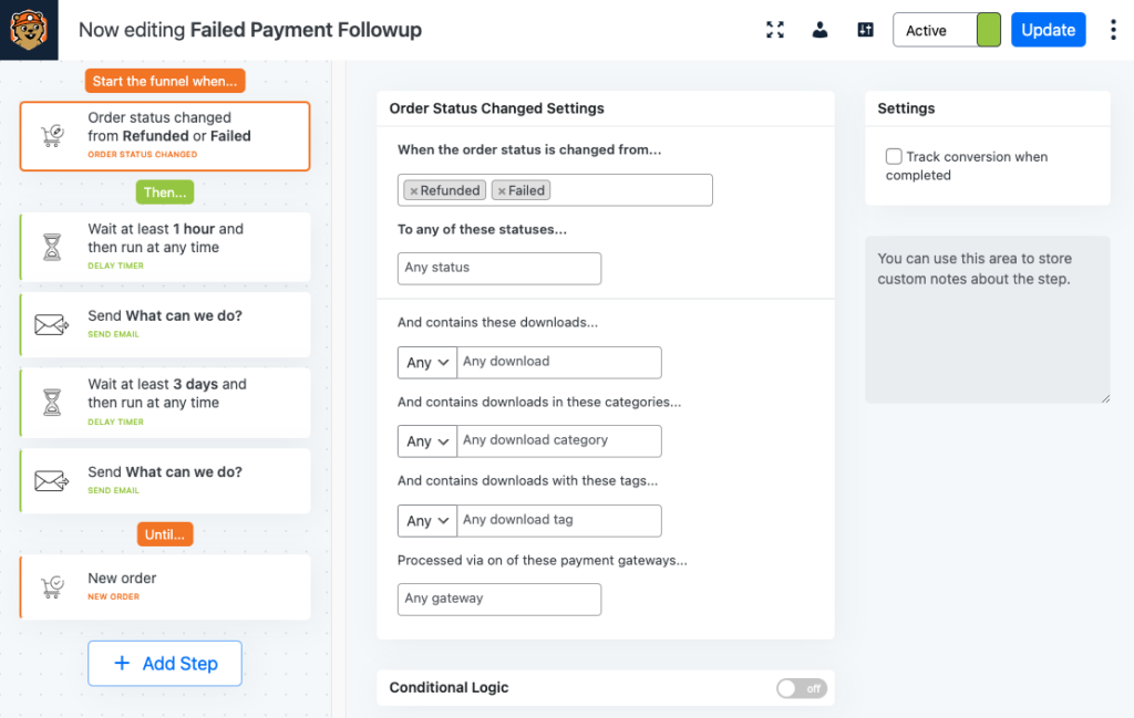 Failed Payment Followup - Flow containing Order Status Change trigger, Delay Timer(s) actions, Sent Email actions and New Order trigger
