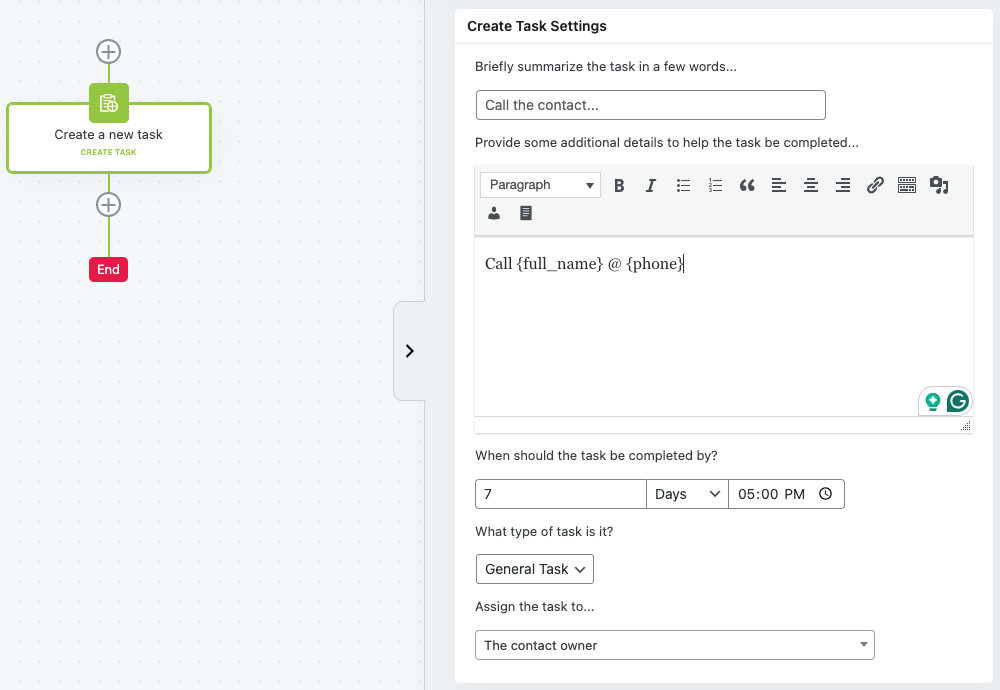 Create Task Settings
