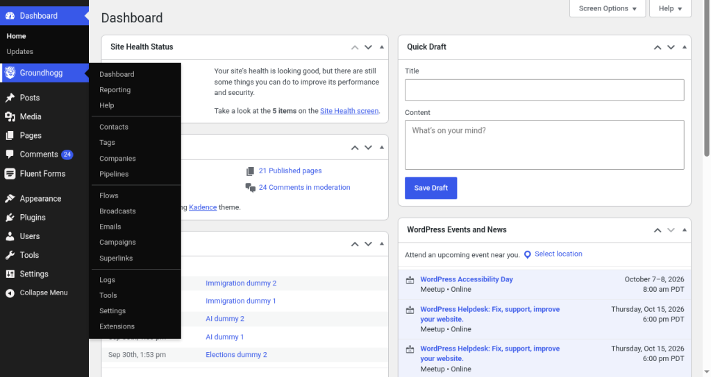 Groundhogg admin menu with the Pipelines item