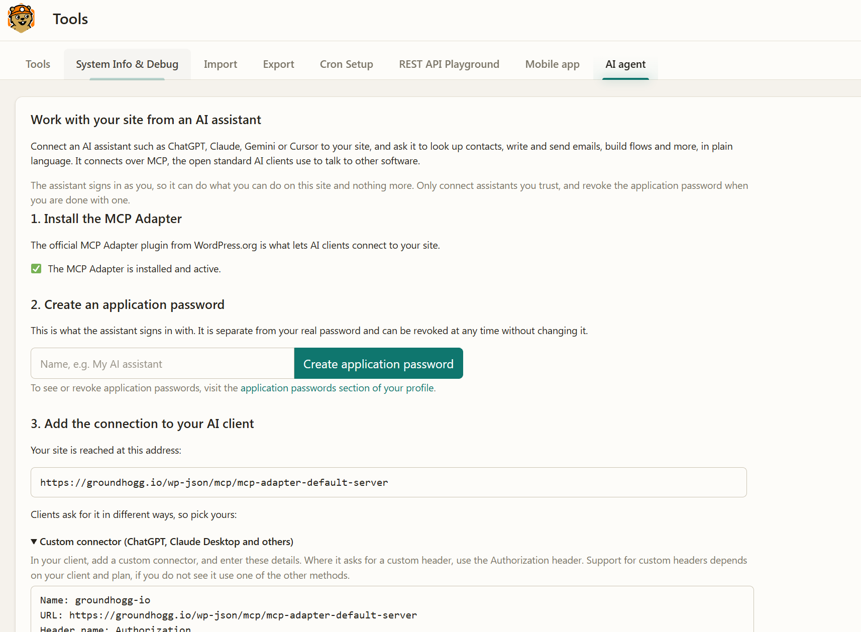 The AI agent tab in Groundhogg's Tools, with setup steps for each AI client.
