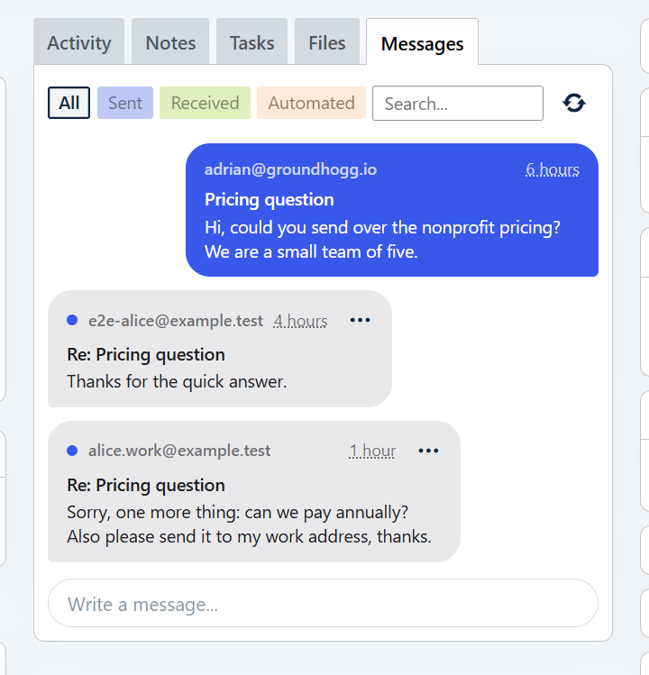 The Messages tab on a contact record: filter pills for All, Sent, Received, and Automated, a search box, a conversation with a sent message on the right and two received messages on the left with unread dots, and a Write a message bar at the bottom.