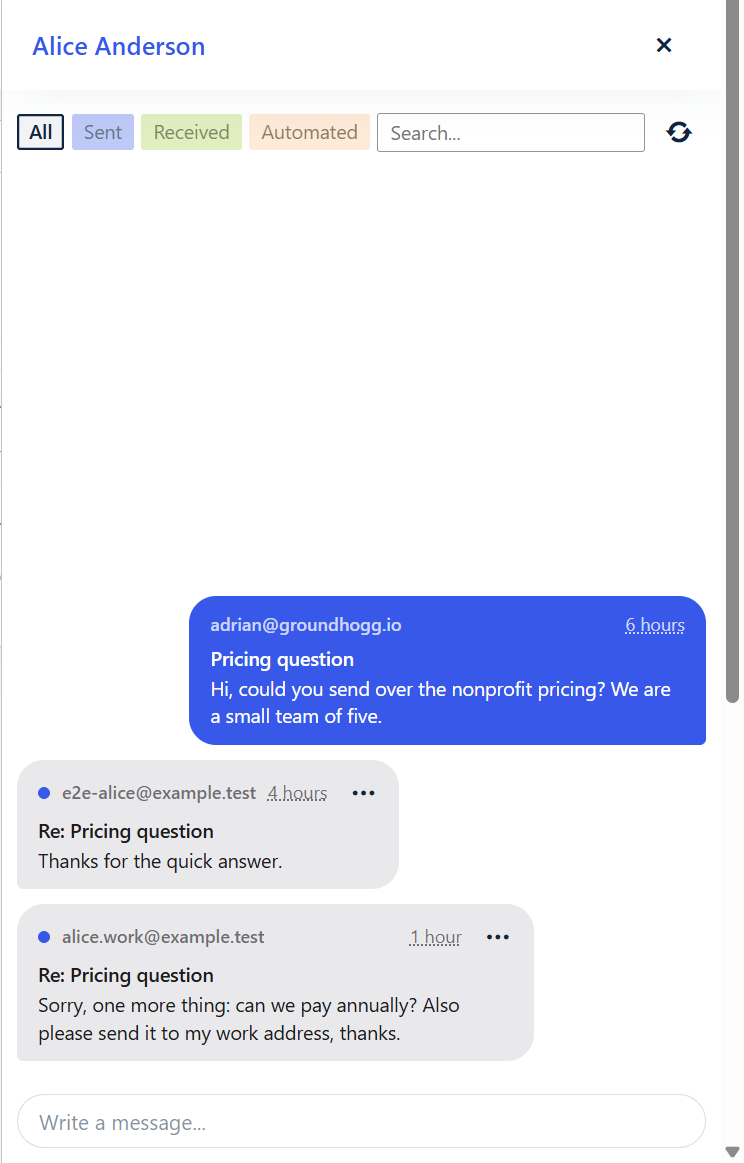 The conversation panel that slides in from the dashboard, showing a contact's messages with the newest at the bottom and a Write a message bar pinned under them.