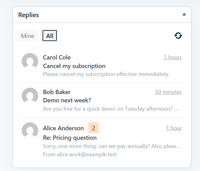 The Replies widget on the Groundhogg dashboard, with Mine and All toggles and a list of three contacts with unread replies, each showing the subject, a preview, and how long ago it arrived.