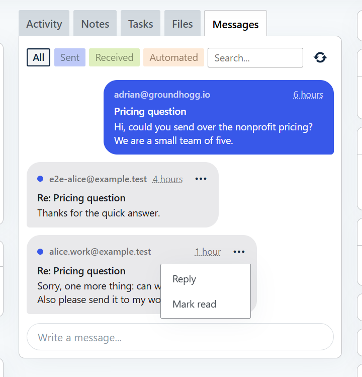 The menu on a received message in the Messages tab, with the options Reply and Mark read.