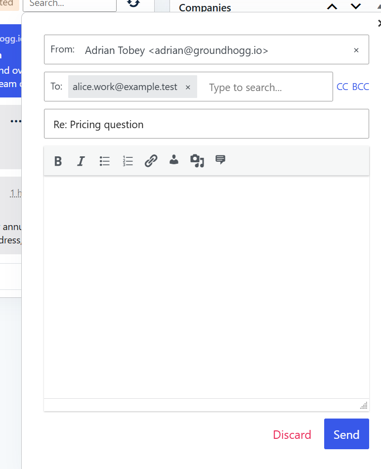 The email composer opened by Reply, with the From, To, and Subject fields already filled in, a Re: subject line, an empty message body, and Discard and Send buttons.