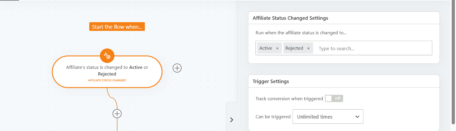 Groundhogg flow trigger settings for the Affiliate Status Changed trigger, set to Active or Rejected