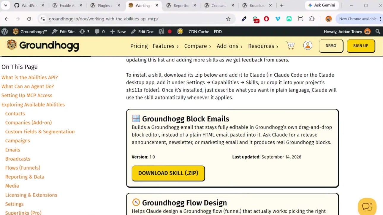 The Working with the Abilities API doc on groundhogg.io with Claude skills to download