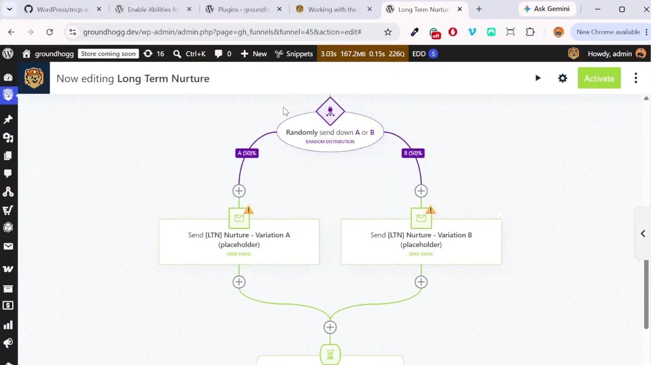 The long-term nurture flow Claude built in the Groundhogg flow editor, with a random A/B split between two emails