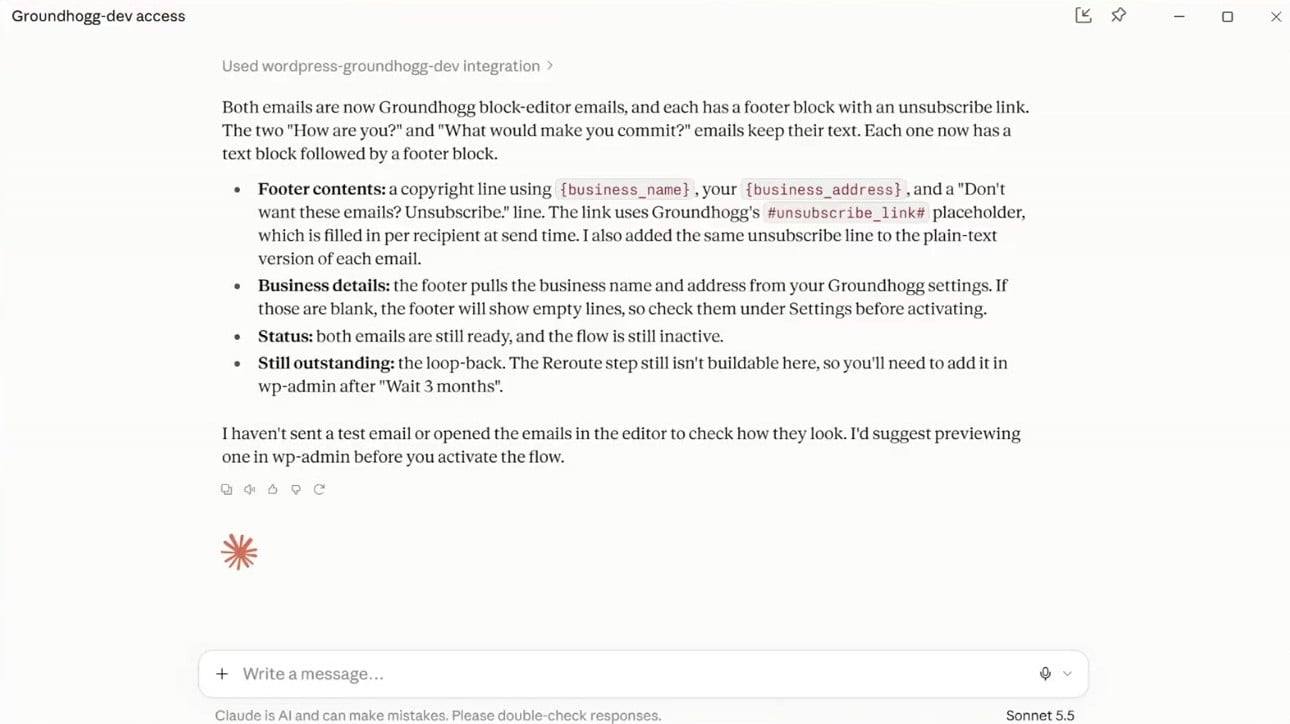 Claude confirming both emails are now Groundhogg block-editor emails with a footer and unsubscribe link
