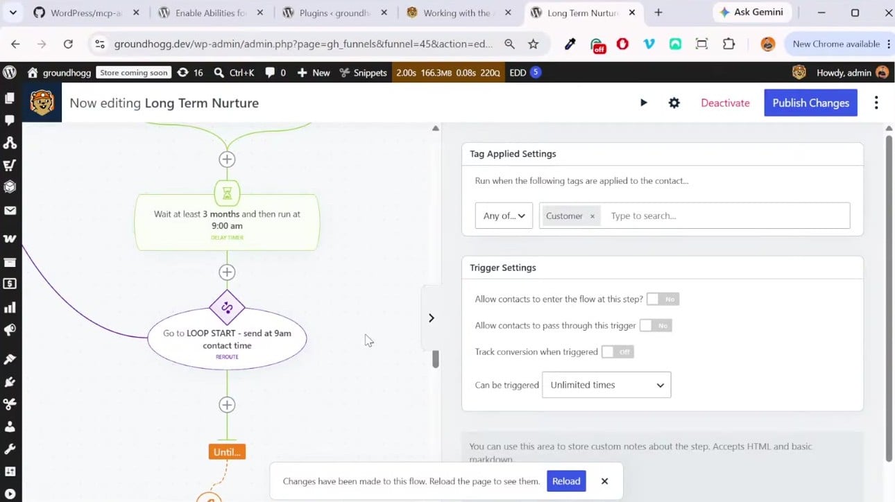 The Groundhogg flow editor showing staged changes and a notice that the flow was changed elsewhere