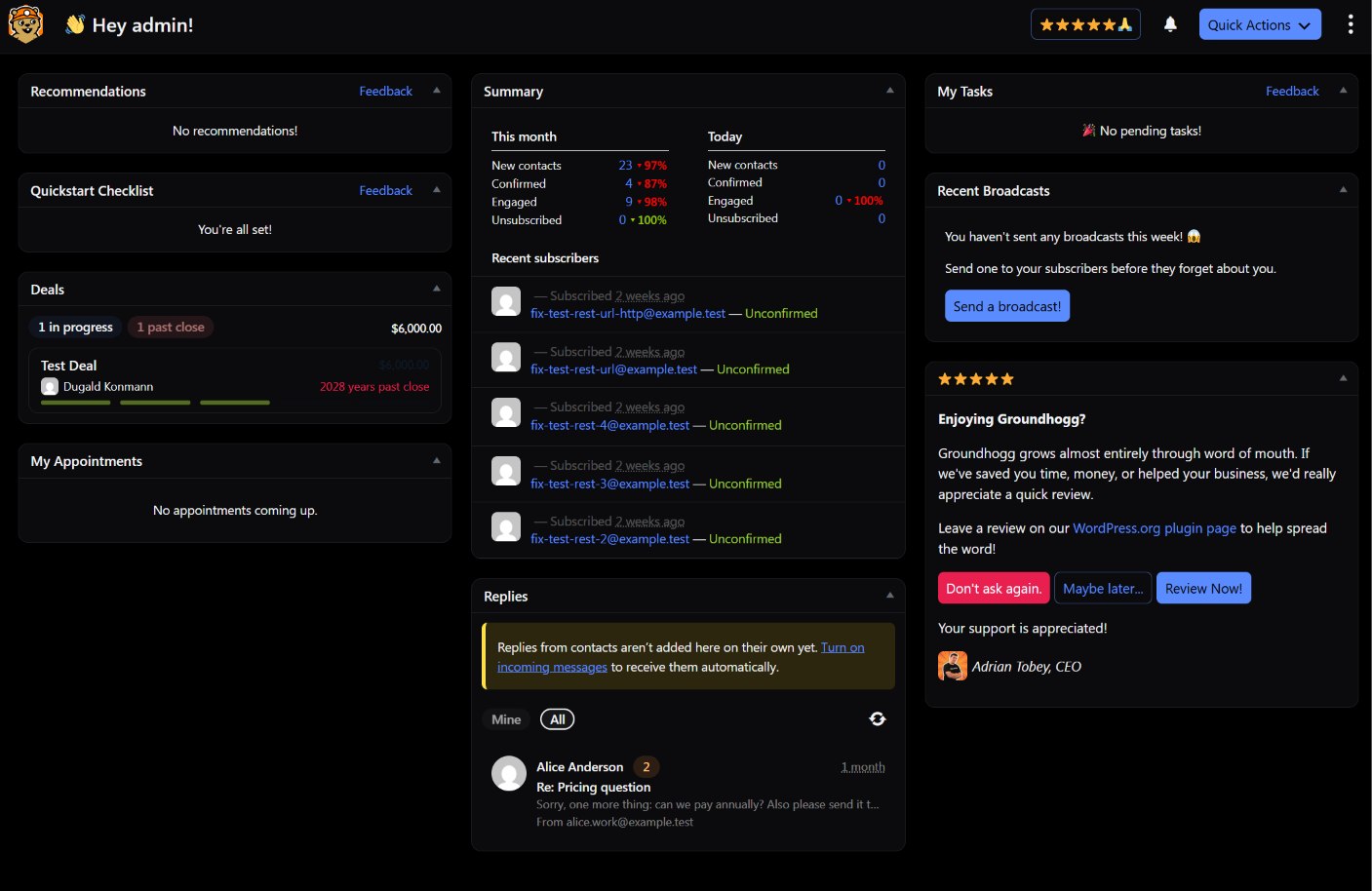 The Groundhogg admin in a dark interface theme.